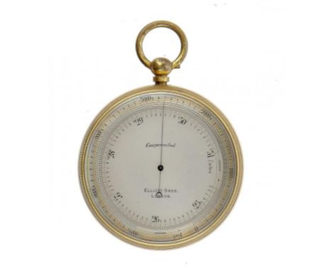 A VICTORIAN GILT BRASS POCKET BAROMETER BY ELLIOTT BROS LONDON, C1880  with milled bezel, 6.8cm diam, plush lined morocco cas