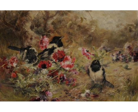 CHARLES HENRY CLIFFORD BALDWYN (1859-1943) MAGPIES AND POPPIES signed and dated 1896, oil on board, 50 x 77cm, in the origina