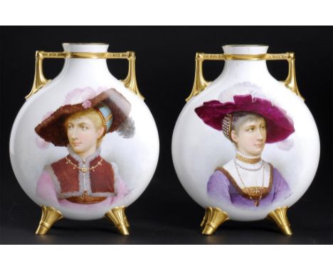 A PAIR OF ENGLISH PORCELAIN MOON FLASKS, C1890 painted by Baston, both signed, with a portrait of a lady in 16th century dres