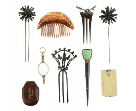 A GILTMETAL LORGNETTE AND A SMALL QUANTITY OF PASTE AND OTHER SET TORTOISESHELL AND OTHER COMBS  various sizes, c1870-1920 an