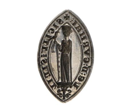 A MEDIEVAL SILVER VESICA SEAL,  ENGLISH, C1250-70 finely cut with the full length standing figure of a noblewoman, a cross pa
