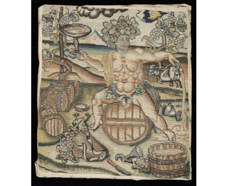 A TENT STITCH PICTURE OF BACCHUS, C1680-1700  finely worked, probably by a professional embroiderer in coloured silks and met