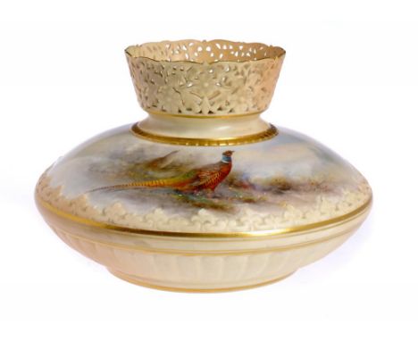 A ROYAL WORCESTER VASE, 1905  painted by Jas Stinton, signed, with pheasants, 12cm h, printed mark++In fine condition