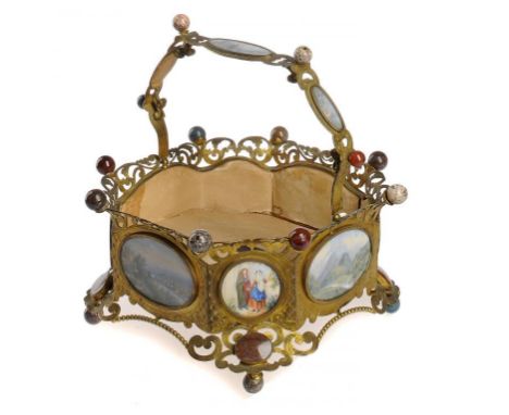 A PALAIS ROYAL HARDSTONE MOUNTED GILTMETAL BASKET INSET WITH MINIATURES, C1870  the sides and swing handle inset with miniatu