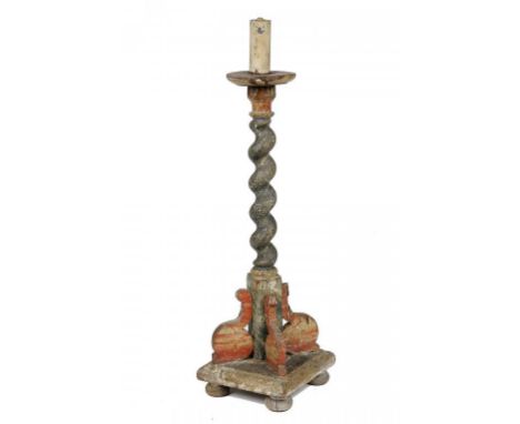 A MARBLED WOOD ALTER CANDLESTICK, ELEMENTS 17TH/18TH C the decoration later, on square base and bun feet, 96cm h overall++Exh