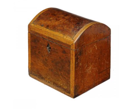 A GEORGE III YEW WOOD AND BURR YEW TEA CADDY, C1800   11.5cm w++The interior untidy with powdered foil lining, lacking the bo