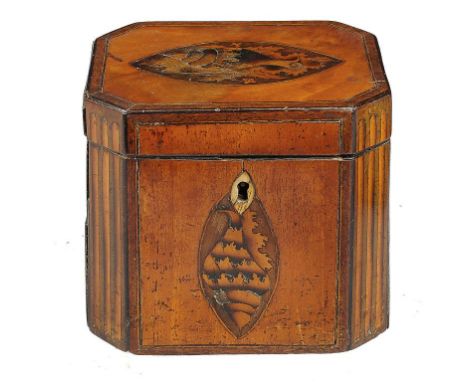 A GEORGE III SATINWOOD, HAREWOOD AND BOXWOOD TEA CADDY C1800  with shell paterae and trompe l'oeil pilasters, 12cm w++Hinges 