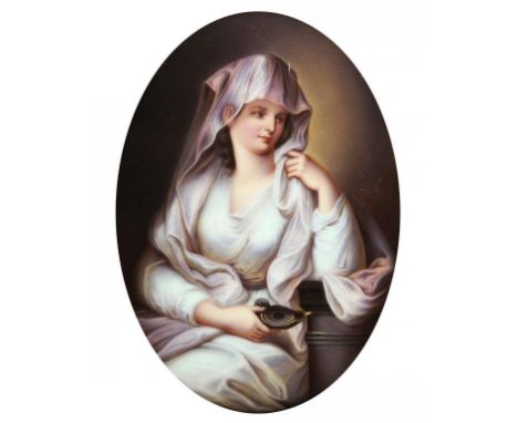 A GERMAN PORCELAIN PLAQUE, C1890  painted with a Portrait of a Lady as a Vestal Virgin after the picture by Angelica Kauffman