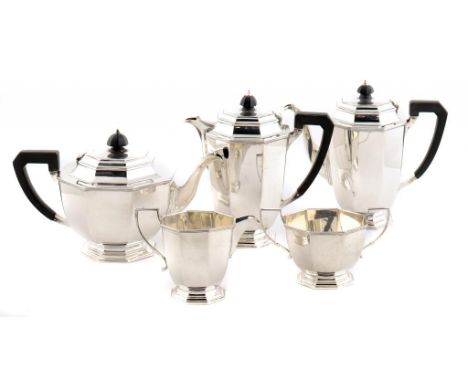 A GEORGE VI SILVER FIVE PIECE TEA  AND COFFEE SERVICE coffee pot 17cm h, by Mappin & Webb Ltd, Sheffield 1945 & 46, 70ozs gro