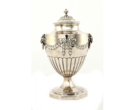 A GEORGE III SILVER NEO CLASSICAL STYLE VASE SHAPED TEA CADDY AND COVER  with lion mask handles, 20cm h, by Duncan Urquhart a