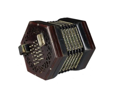 A CONCERTINA, LATE 19TH C  with grained rosewood frets, 48 buttons (24 x 2), green and gold patterned paper decorated dark gr