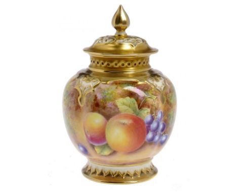 A ROYAL WORCESTER POT POURRI VASE AND COVER,  C1970 painted by Leaman, signed,  with fruit, 13cm h, printed mark++In fine con