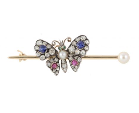 A DIAMOND, EMERALD, RUBY, SAPPHIRE AND CULTURED PEARL BUTTERFLY BROOCH, C1900 mounted on a gold pin with cultured pearl termi