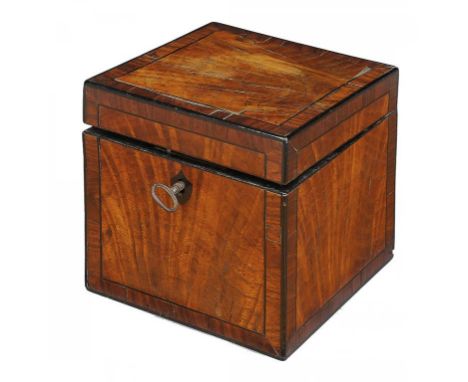 A GEORGE III SATINWOOD, ROSEWOOD AND EBONY CUBE TEA CADDY C1800 11cm w++A good quality and attractive plain caddy of finely f