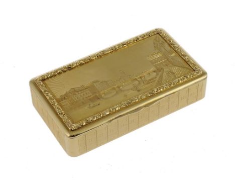 A SWISS GOLD SNUFF BOX, EARLY 19TH C the lid engraved with a view of Florence, in foliate chased border, the sides engine tur