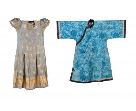 A CHINESE SILK VOIDED VELVET BLUE GROUND ROBE,  19TH CENTURY  of butterfly, peony and fret design, lined in lighter blue flor