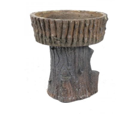 A VICTORIAN SALTGLAZED BROWN STONEWARE RUSTIC GARDEN VASE AND TREE TRUNK PEDESTAL, C1890  63cm h++In apparently good conditio