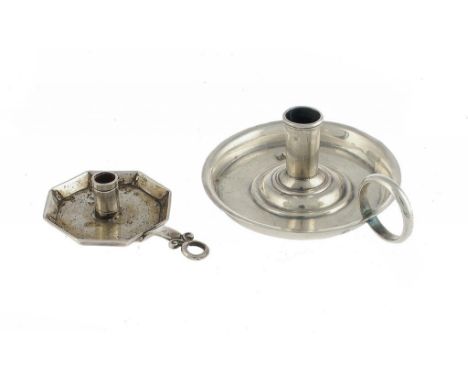A GEORGE I SILVER MINIATURE CHAMBERSTICK AND ANOTHER  with ring handle, 5.3 and 6.5cm l, lion passant only or unmarked, the f