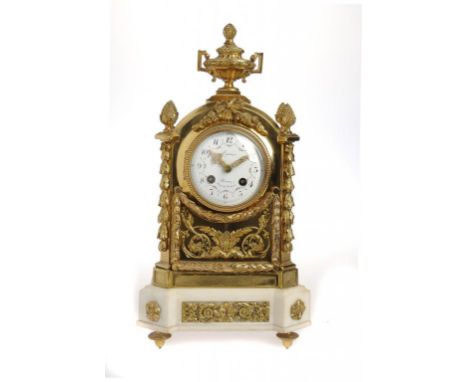 A FRENCH ORMOLU AND MARBLE MANTEL CLOCK, LATE 19TH C  the breakarched case with enamel dial signed Lepine Paria Place des Vic