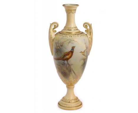 A GRAINGER WORCESTER VASE, 1902  painted with pheasants on a shaded apricot ground, 26cm h, printed marks++In fine condition,