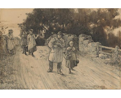 WALTER LANGLEY, RI (1852-1922) STUDY FOR 'THEIR TASK BEING ENDED WITH DECLINING DAY/HOMEWARD THE WEARY PEASANTS WEND THEIR WA