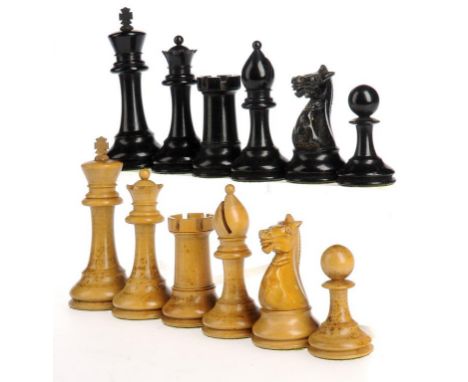 A JAQUES & SON BOXWOOD AND EBONY STAUNTON PATTERN 4 INCH CHESS SET, EARLY, 20TH C one rook and knight of each side marked wit