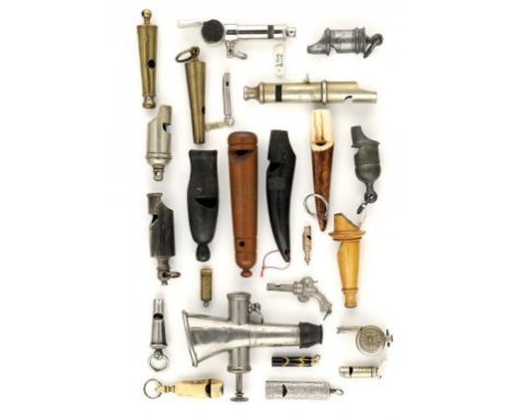 AN EXTENSIVE COLLECTION OF MAINLY VICTORIAN AND EARLY 20TH CENTURY WHISTLES  made of brass, pewter, horn, wood, silver or gol