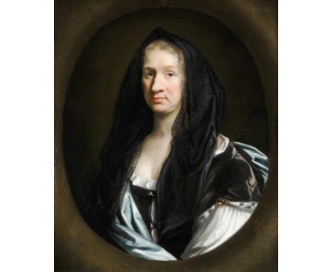 ENGLISH SCHOOL, C1690  PORTRAIT OF SUSANNA CRAWLEY-BOEVEY bust length in a white dress with blue mantle and black lace headdr