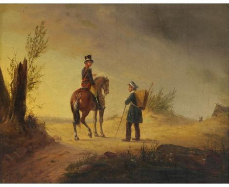 GERMAN SCHOOL, 19TH CENTURY TWO MEN AT A CROSSROADS with signature P Schultz, oil on canvas, 29 x 36.5cm++Some light craquele