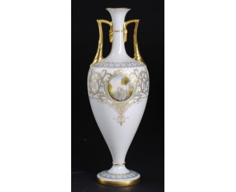 A ROYAL WORCESTER VASE, 1920  painted by Evans, signed with a Corot style landscape, 32cm h, printed mark++In fine condition