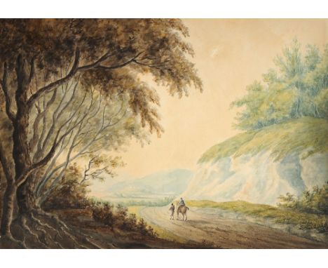 ENGLISH SCHOOL, LATE 18TH C TRAVELLERS ON A WINDING ROAD  watercolour, 31 x 44cm++Some light staining and mild fading in cont