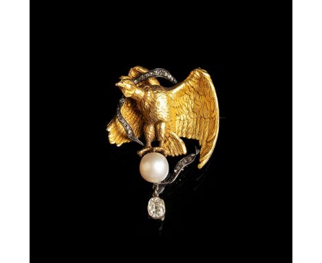 Antike Diamant-Brosche mit Greifvogel. 19. Jh. 18 kt. GG, RG, Silber. 48 x 35 mm, Gew. ca. 22,5 g. Vollplastischer Vogel mit 