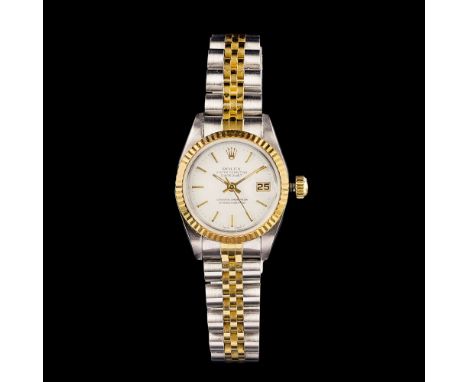 Rolex. Damen-Armbanduhr 'Oyster Perpetual Datejust'. 18 kt. GG, Edelstahl. Automatik. Weißes Zifferblatt, Indizes, zentrale S