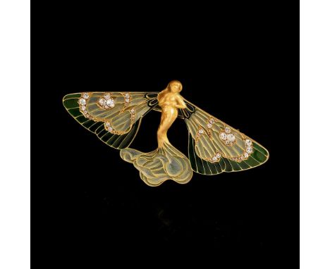 René Lalique (Ay/Marne 1860 - Paris 1945). Art Nouveau Diamant Plique-à-jour Brosche 'Papillon Nymphe'. Um 1897-99. 18 kt. GG