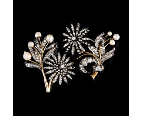 Zwei Viktorianische Diamant-Perlen-Broschen. Ende 19. Jh. 18 kt. GG mit Silber, ungest. Abnehmbare Blüten und Bouquet-Brosche