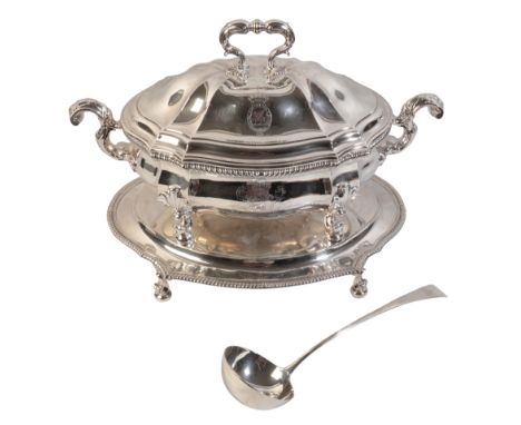 A GEORGE II SILVER TUREEN by Edward Wakelin, London 1751, of oval serpentine outline, engraved with arms of Lowther for Willi