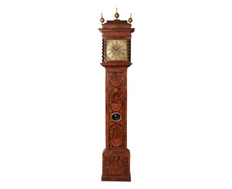 JOSEPH WINDMILLS OF LONDON: AN EARLY 18TH CENTURY INLAID WALNUT LONGCASE CLOCK the 28cm square brass dial with spandrels and 