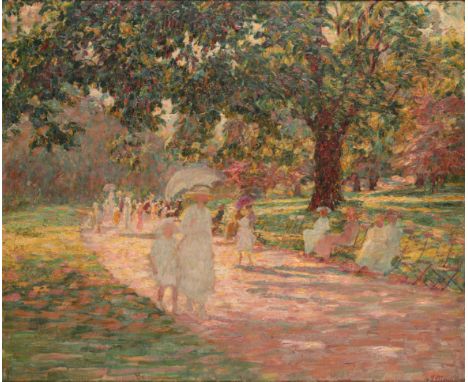 JENNY MONTIGNY (1875-1937) 'Hyde Park, Londres 1918' Woman and children enjoying a bright day, signed lower right, further si