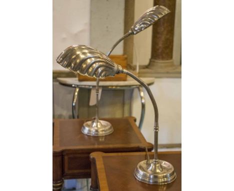 DESK LAMPS, a pair, vintage silvered with circular bases, shell shades and adjustable columns, 70cm H. (2)
