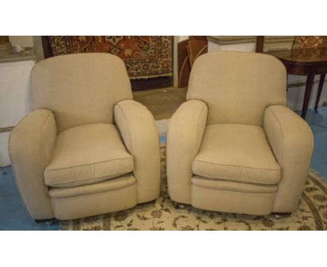 CLUB ARMCHAIRS, a pair, Art Deco, each with rounded back and seat cushion, upholstered in natural linen, 82cm W. (2)