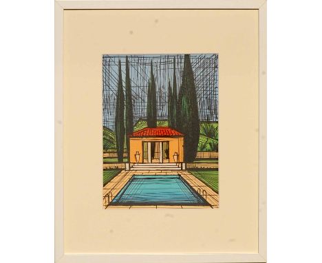 BERNARD BUFFET 'Villa with pool', 1987, original lithograph, printed by Sorlier, 32cm x 23cm, framed and glazed.