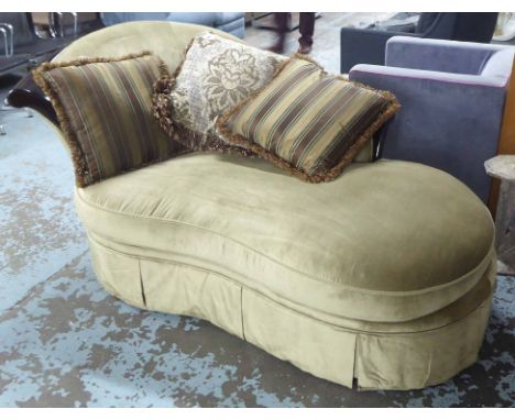 CHAISE LONGUE, in the manner of Christopher Guy, with shaped frame, velvet upholstery and squab cushion, 99cm H x 211cm W.