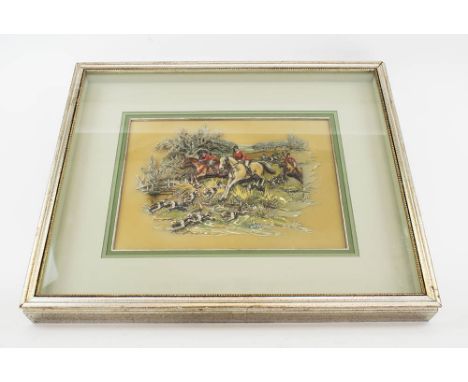 RELIEF PAPER HUNTING SCENE STUDY, depicting hounds and huntsmen in a landscape, framed and glazed, 45.5cm H x 54.5cm W overal