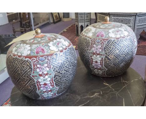 GINGER JARS, a pair, antique Chinese famille rose and gilt ceramic with lids, 23cm H x 24cm. (2)