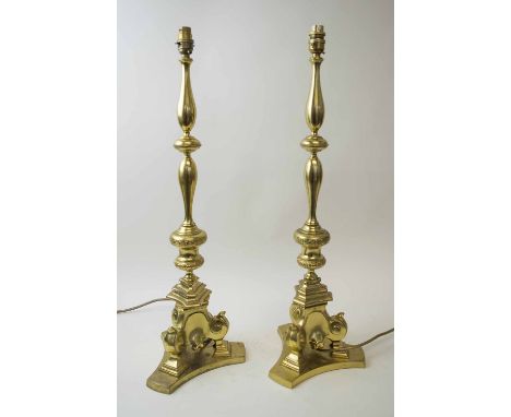 BRASS ITALIAN CANDLESTICK LAMPS, a pair, 68cm H.