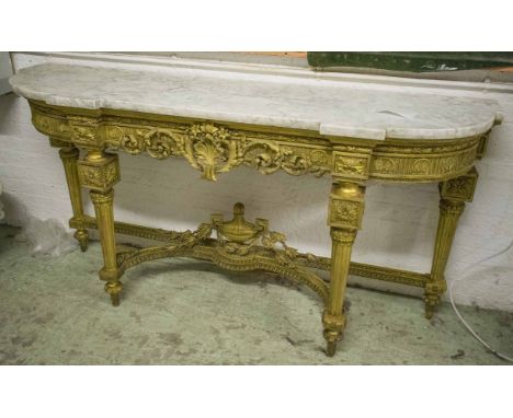 CONSOLE TABLE, 19th century, French Louis XVI design, giltwood and gesso moulded with veneered white marble top and fluted st