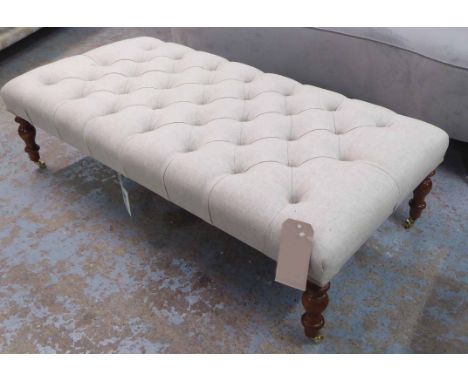 HEARTH STOOL, button top with linen cover, turned supports, with castors, 120cm x 61cm x 33cm H.