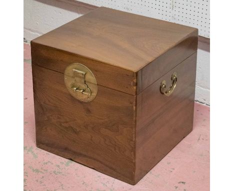 BOX TRUNK, Chinese camphorwood, brass handles and hinged top, 47cm H x 47cm W x 47cm D.