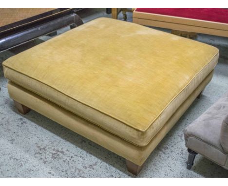 HEARTH STOOL, square yellow velvet upholstered with cushion and tapering supports, 110cm x 110cm x 35cm H.
