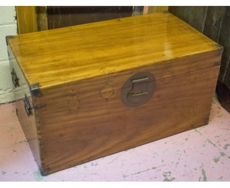 TRUNK, 19th century, Chinese export, camphorwood and brass bound with hinged top and twin iron side handles, 54cm H x 105cm W